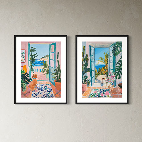 Hermosas ilustraciones de vistas al mar con plantas y ambientes relajantes, perfectas para decorar espacios interiores con estilo.