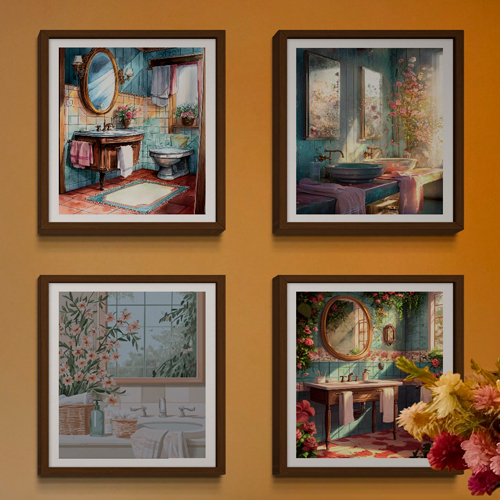 Refugio artístico con pinturas de baños y ventanas, ideal para decoraciones creativas y originales.