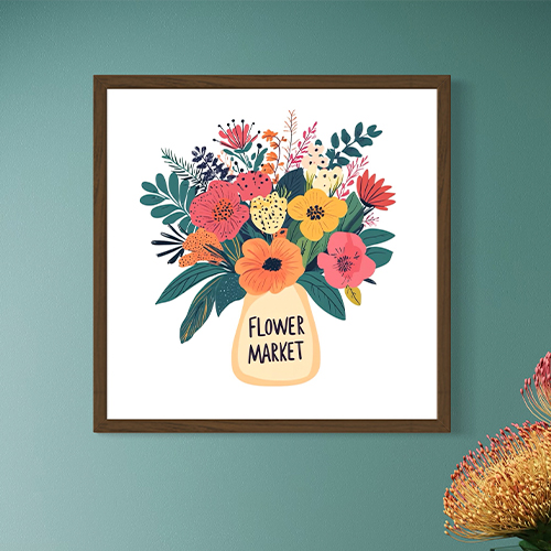 Colorida ilustración de ramo de flores en marco de madera para mercado floral, decoración de hogar elegante.