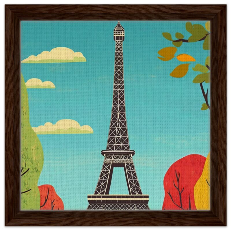 Torre Eiffel en estilo ilustración con naturaleza y cielo azul, arte digital original.