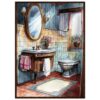 Espejo de baño en estilo clásico con lavabo de madera y flores, decoración vintage en una habitación luminosa y acogedora.