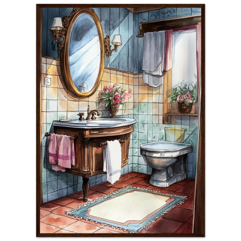 Espejo de baño en estilo clásico con lavabo de madera y flores, decoración vintage en una habitación luminosa y acogedora.