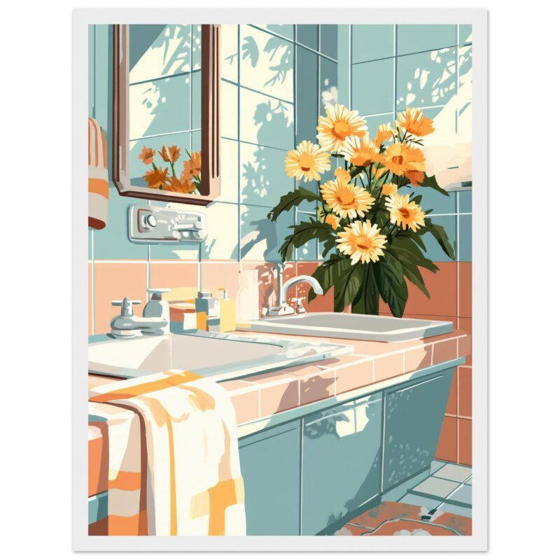 d04f31b4-c4f2-435f-bf7a-02caa0025857.jpg Azul y coral habitación de baño con flores, espejo y lavabo, estilo digital, ilustración moderna, decoración artística, ambiente tranquilo.