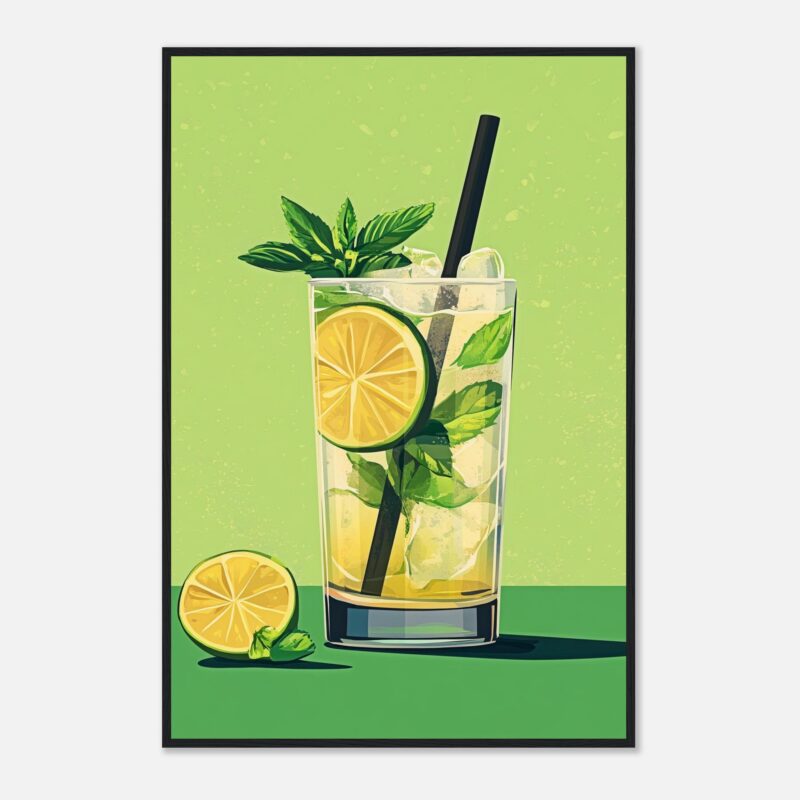 Refresco de limón y menta en vaso con hielo y pajilla, ilustración digital.