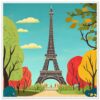 Torre Eiffel ilustración digital con árboles y cielo azul.