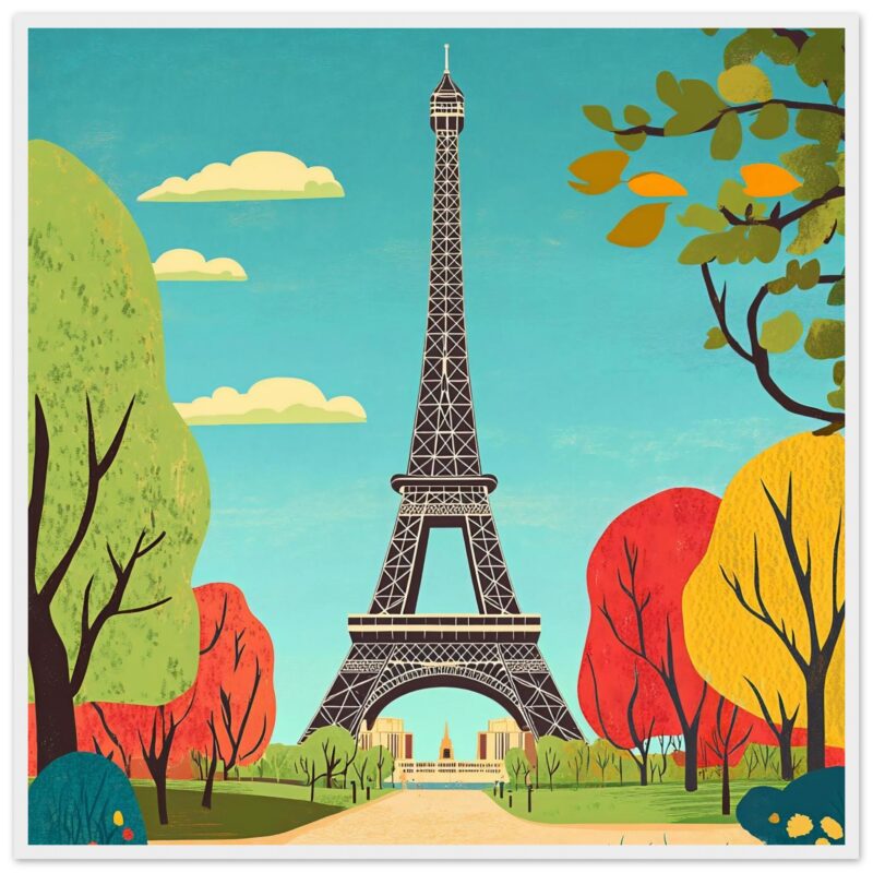 Torre Eiffel ilustración digital con árboles y cielo azul.