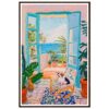 Puerta azul abierta a balcón con vista al mar, plantas y silla con perro en estilo pintura moderna.