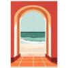 Puerta con vista al mar, ilustración digital de estilo minimalista, ideal para diseño de interiores y decoración.