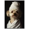 Perro con toalla blanca en la cabeza, foto de estudio con fondo negro.