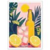 Refresco de limón con hielo y botella en un entorno tropical, estilo ilustración moderna y colorida.