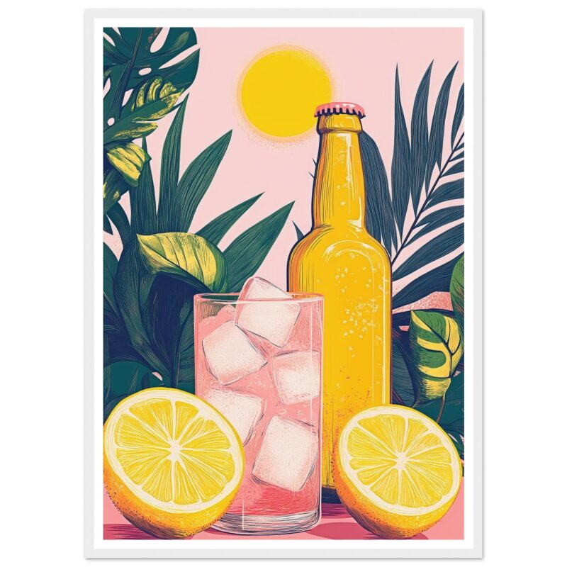 Refresco de limón con hielo y botella en un entorno tropical, estilo ilustración moderna y colorida.