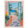 Puerta abierta con vista al mar y plantas verdes, decoración colorida en estilo pintura acrílica.