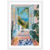 Puerta abierta al mar con plantas tropicales y perro en pintura moderna.