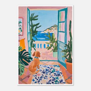 Puerta abierta con vista al mar y plantas en interiores, estilo pintura vibrante y colorida.