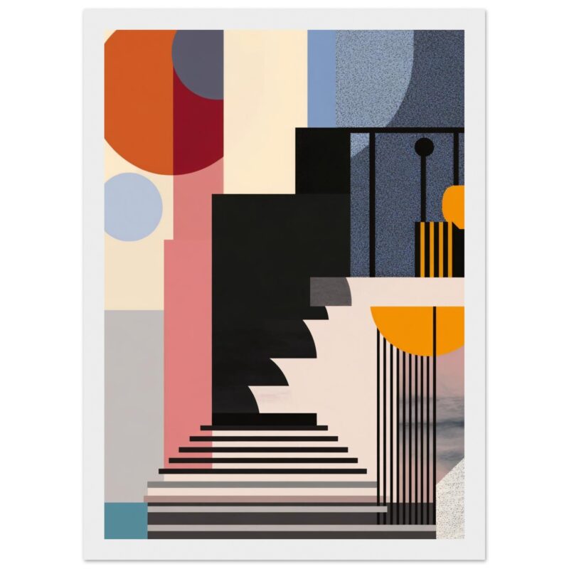 d4973f7a-6ea2-44da-87fc-166bb6324891.jpg Puerta de estilo abstracto con escaleras y formas geométricas en colores vivos y oscuros, diseño moderno para decoración artística.