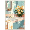 d51fc33b-ffb1-4bfe-8cb0-f172c6437217.jpg Jarrón con flores en un lavabo de baño, vista a través de una ventana en estilo ilustración digital.