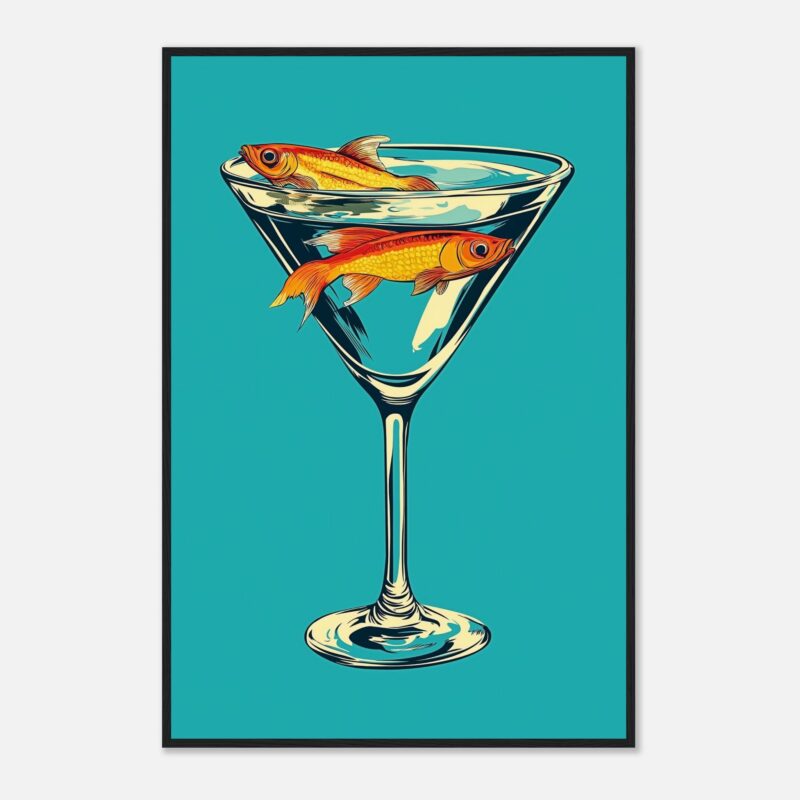 Peces en copa de cóctel, ilustración moderna para decoración, arte digital de peces, diseño llamativo y colorido.