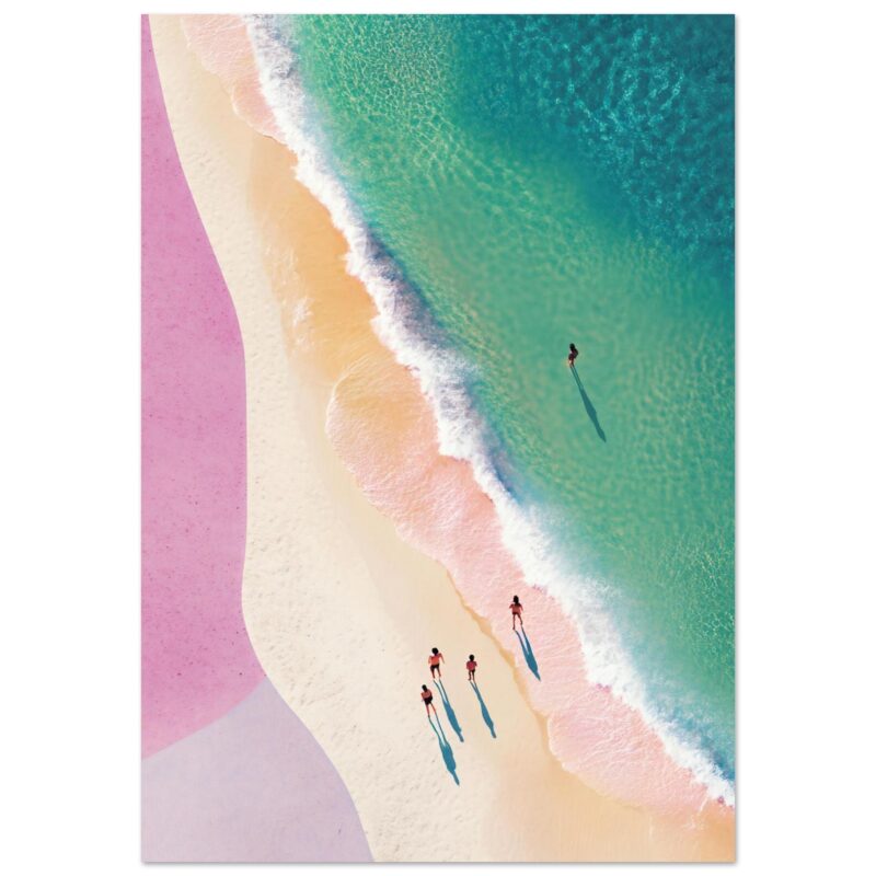 Playa con olas coloridas y personas caminando al atardecer, arte digital, diseño de paisaje, ilustración creativa, imagen vibrante para web, digital art.