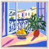 Dibujo de un bodegón con frutero y planta en ventana, estilo inspirado en arte digital de Digiart Studio.