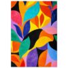 Vibrante obra de arte abstracta con formas de hojas y colores neón.