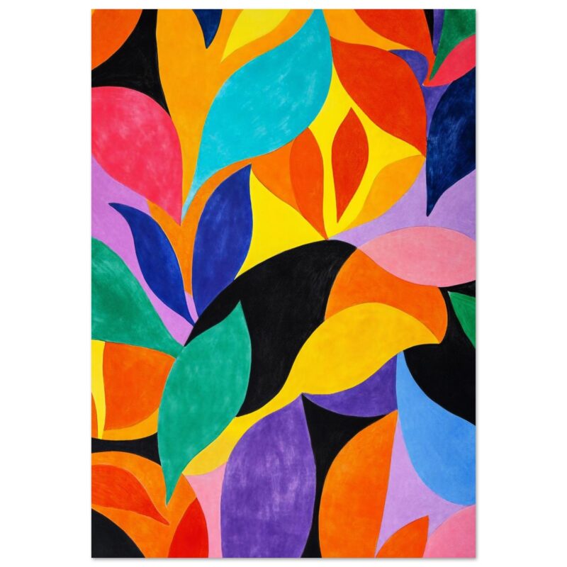 Vibrante obra de arte abstracta con formas de hojas y colores neón.