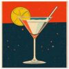 Cóctel cósmico en vaso Martini, ilustración moderna, arte digital colorido para bares y restaurantes, estilo retro espacial.