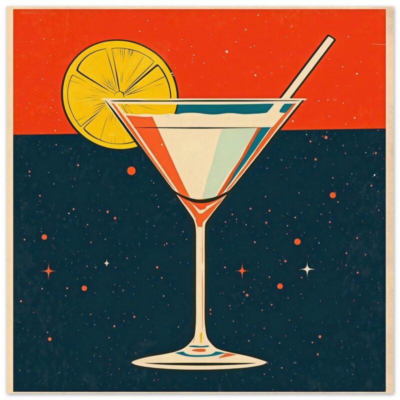 Cóctel cósmico en vaso Martini, ilustración moderna, arte digital colorido para bares y restaurantes, estilo retro espacial.