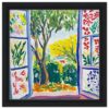 Arbol y jardín pintados en estilo acuarela, vista desde la ventana con detalles coloridos.