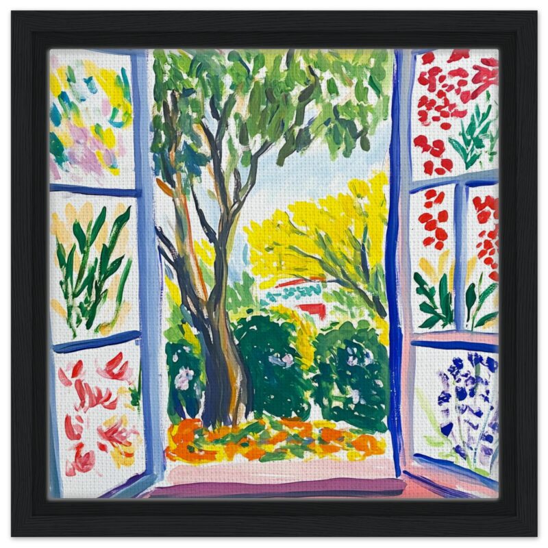 Arbol y jardín pintados en estilo acuarela, vista desde la ventana con detalles coloridos.