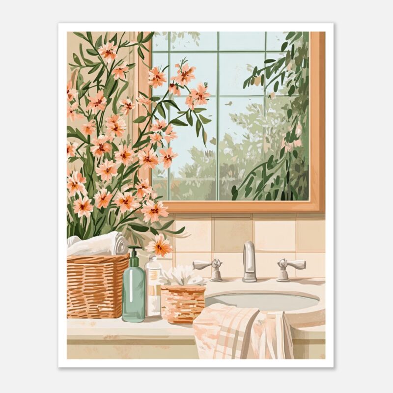 Ramo de flores rosadas en el baño junto a jabón y toallas en un ambiente natural y acogedor.