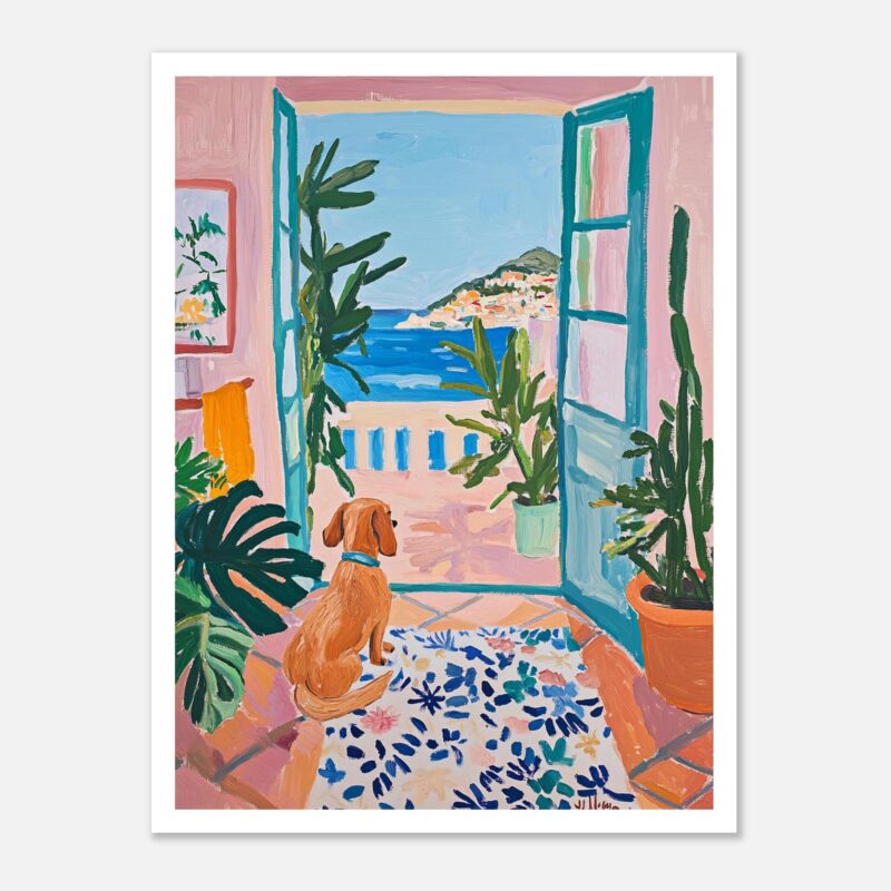 Colores vibrantes de pintura acrílica. Decoración de paredes con plantas y vista al mar desde balcón. Arte moderno para inspiración del hogar.