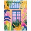Ventana azul y jardín tropical con plantas en colores vibrantes, ilustración moderna y alegre para decoración artística.