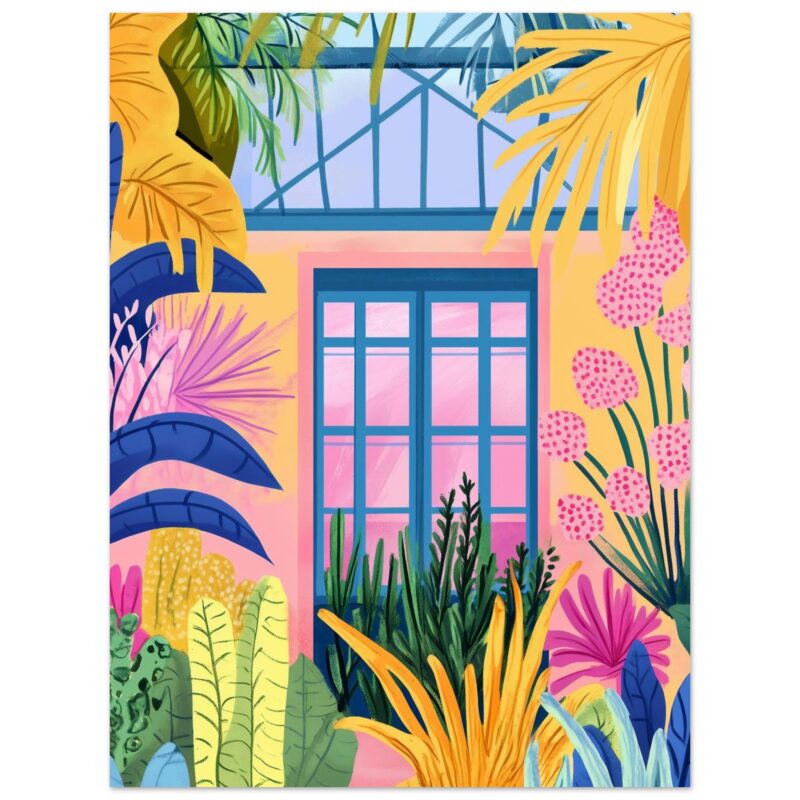 Ventana azul y jardín tropical con plantas en colores vibrantes, ilustración moderna y alegre para decoración artística.