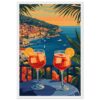 Vistas panorámicas de la costa italiana con cócteles en primer plano, inspirando vacaciones y relajación.
