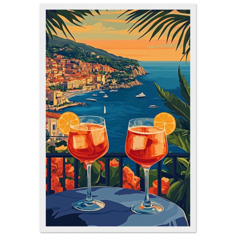 Vistas panorámicas de la costa italiana con cócteles en primer plano, inspirando vacaciones y relajación.