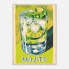 Refresco mojito con lima, menta y hielo en vaso transparente, estilo acuarela digital.