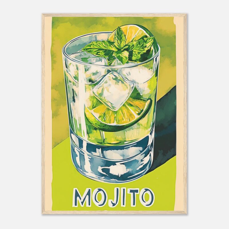 Refresco mojito con lima, menta y hielo en vaso transparente, estilo acuarela digital.
