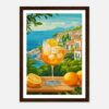 Refresco de limón y naranja en vista panorámica del mar y pueblos costeros.