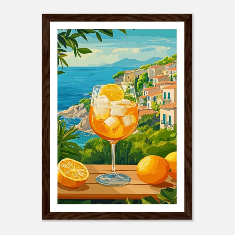 Refresco de limón y naranja en vista panorámica del mar y pueblos costeros.