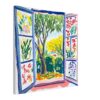 Ventana con vista a un jardín colorido, pintura moderna y vibrante, arte digital de naturaleza, composición artística, decoración de interiores.
