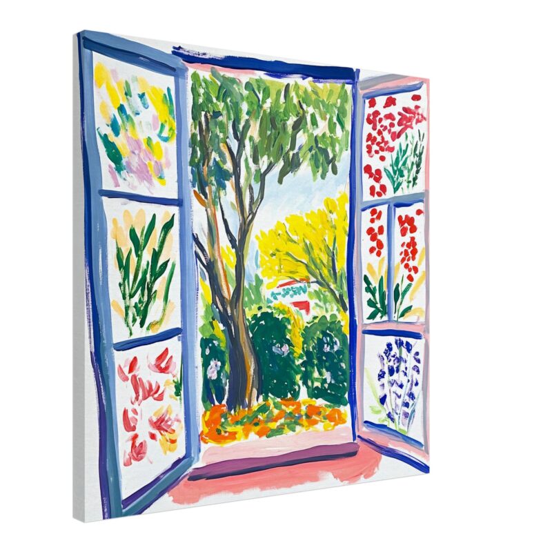 Ventana con vista a un jardín colorido, pintura moderna y vibrante, arte digital de naturaleza, composición artística, decoración de interiores.