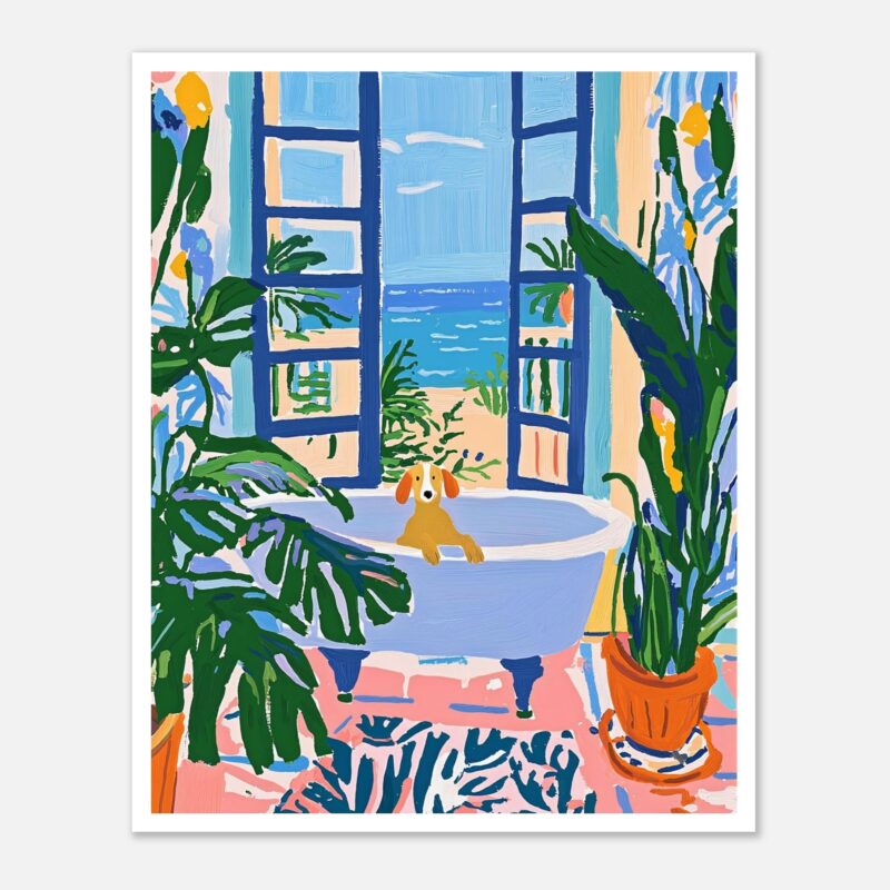 Dibujo colorido de una habitación con vistas al mar, plantas y un perro en la bañera.