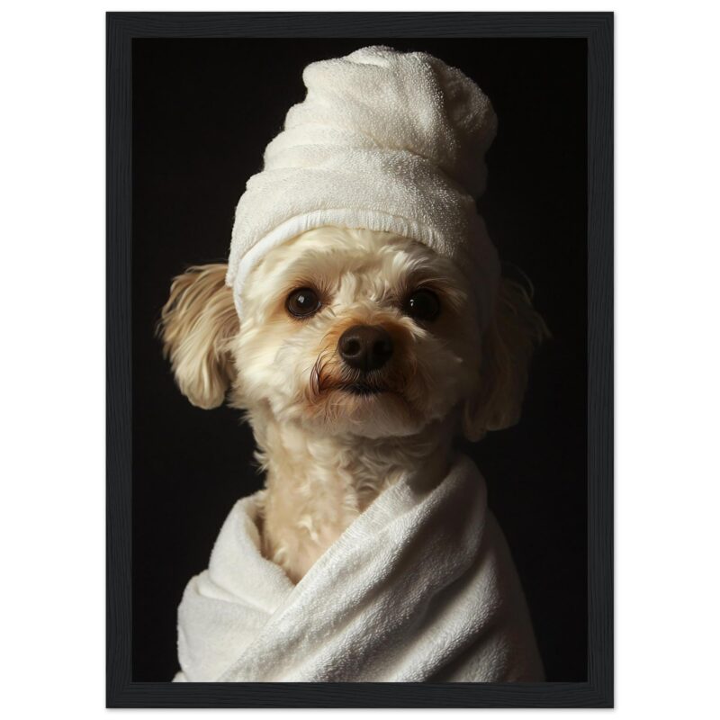Perro con toalla y gorra blanca, estilo retrato, fotografía de mascota, imagen con fondo oscuro, ilustración digital, obra para decoración, servicio profesional.