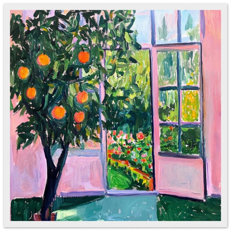 Árbol de naranjas en el interior de una casa con ventanas abiertas, estilo pintura impresionista.