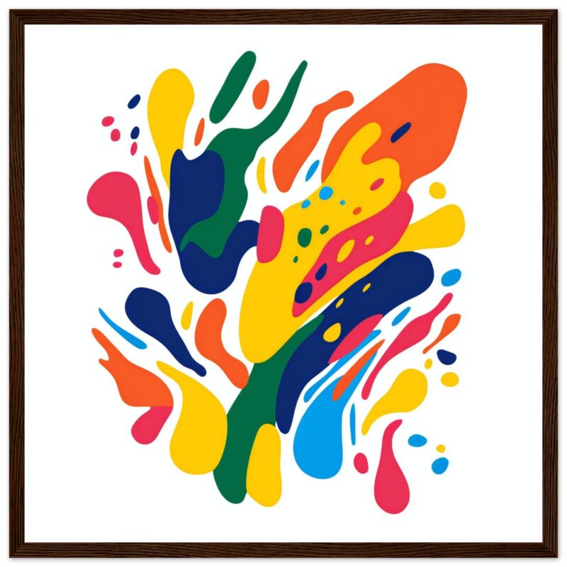 Vibrante arte abstracto con manchas de colores enmarcado en madera.