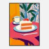 Tarta de zanahoria con frosting, taza de café y fondo floral en estilo digital vibrante.