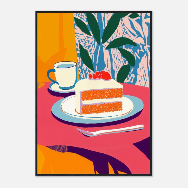 Tarta de zanahoria con frosting, taza de café y fondo floral en estilo digital vibrante.