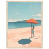 Sombrilla en la playa con mujer en playa, paisaje costero y cielo azul, arte digital estilo minimalista.