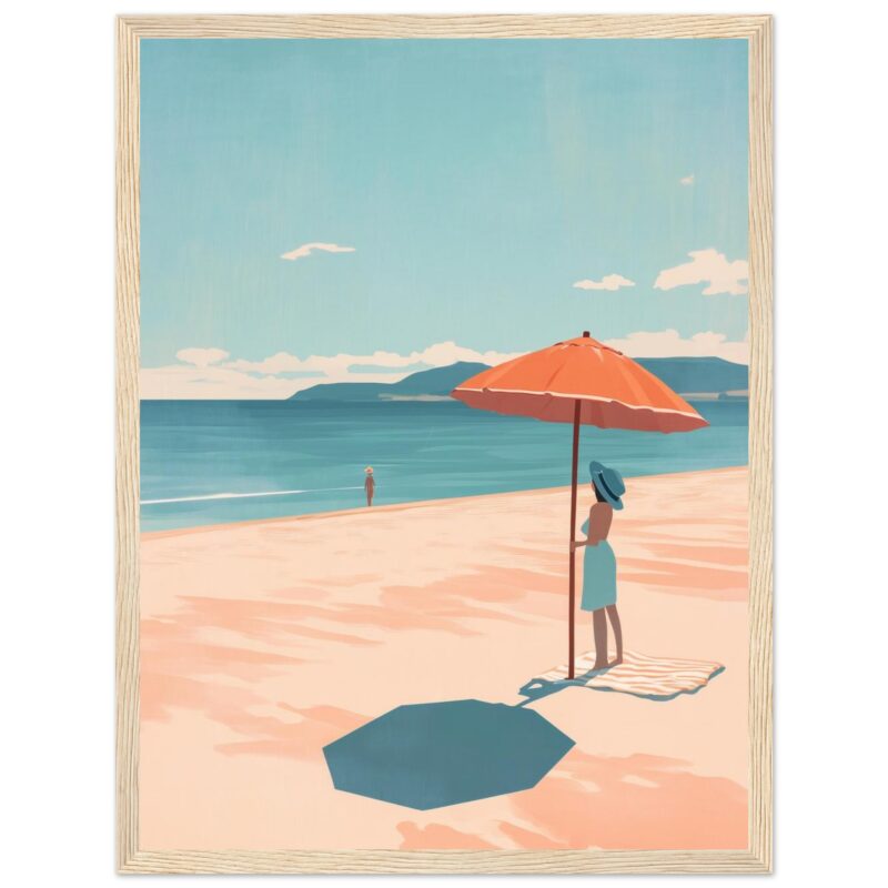 Sombrilla en la playa con mujer en playa, paisaje costero y cielo azul, arte digital estilo minimalista.
