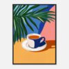 Taza de café en estilo artístico digital con plantas y fondos coloridos.